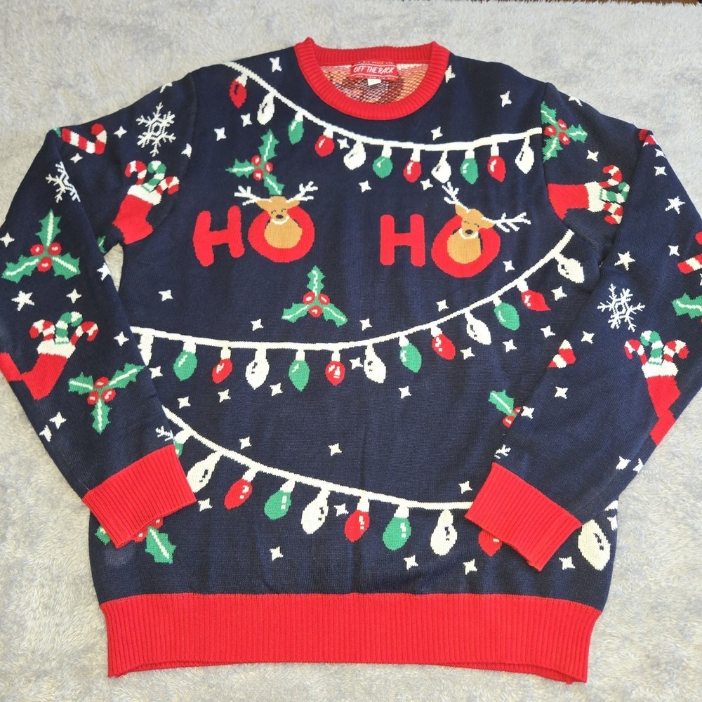 Off The Rack Mens Christmas Sweater Navy Blue Reindeer HO HO Holiday Large